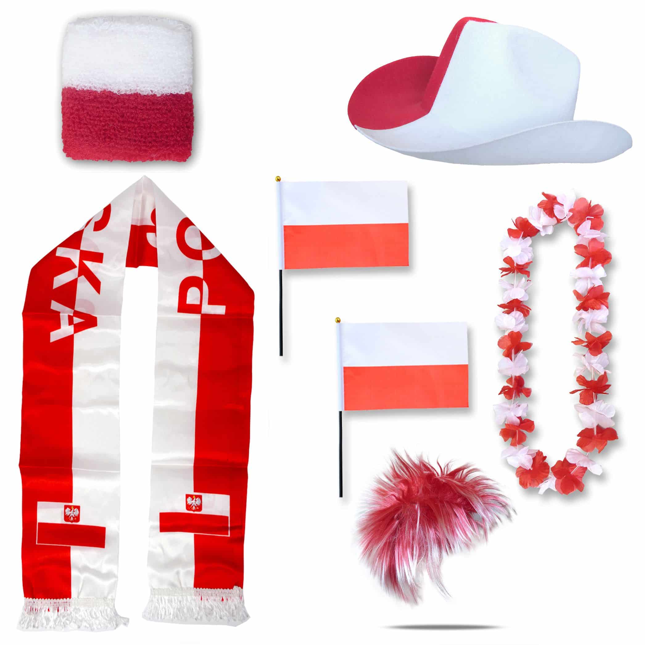 Fan-Paket "Polen" Poland Polska WM EM Fußball Schal Hawaiikette Hut Schweissband Fahne Perücke