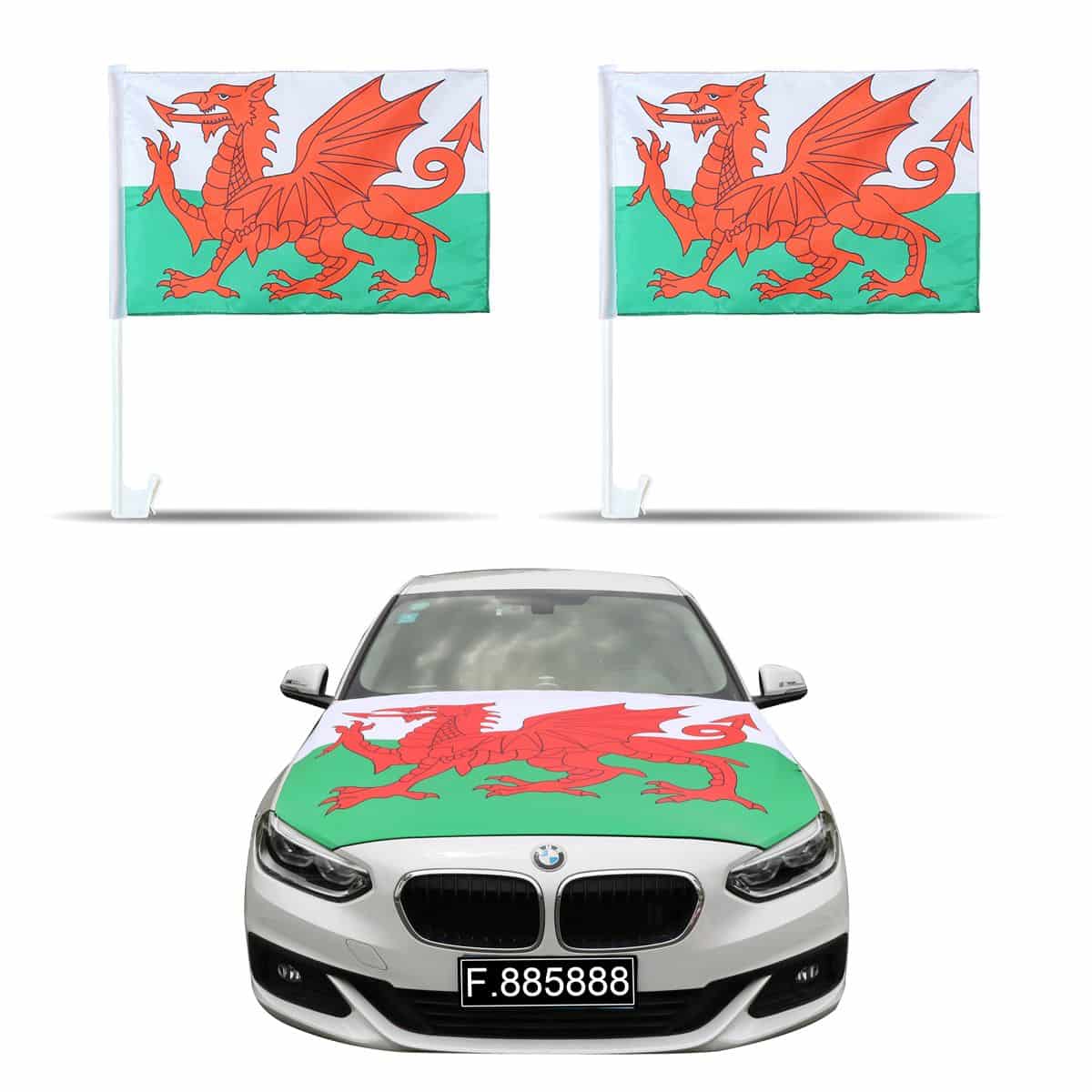 Auto Fan Set Wales Fan-Set-10 – Motorhaubenfahne & Fensterfahnen (2 Varianten)