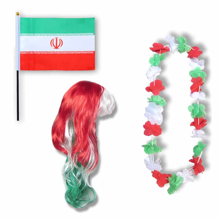 Fanset "Iran" Blumenkette Fahne Flagge Perücke Langhaar-Locken