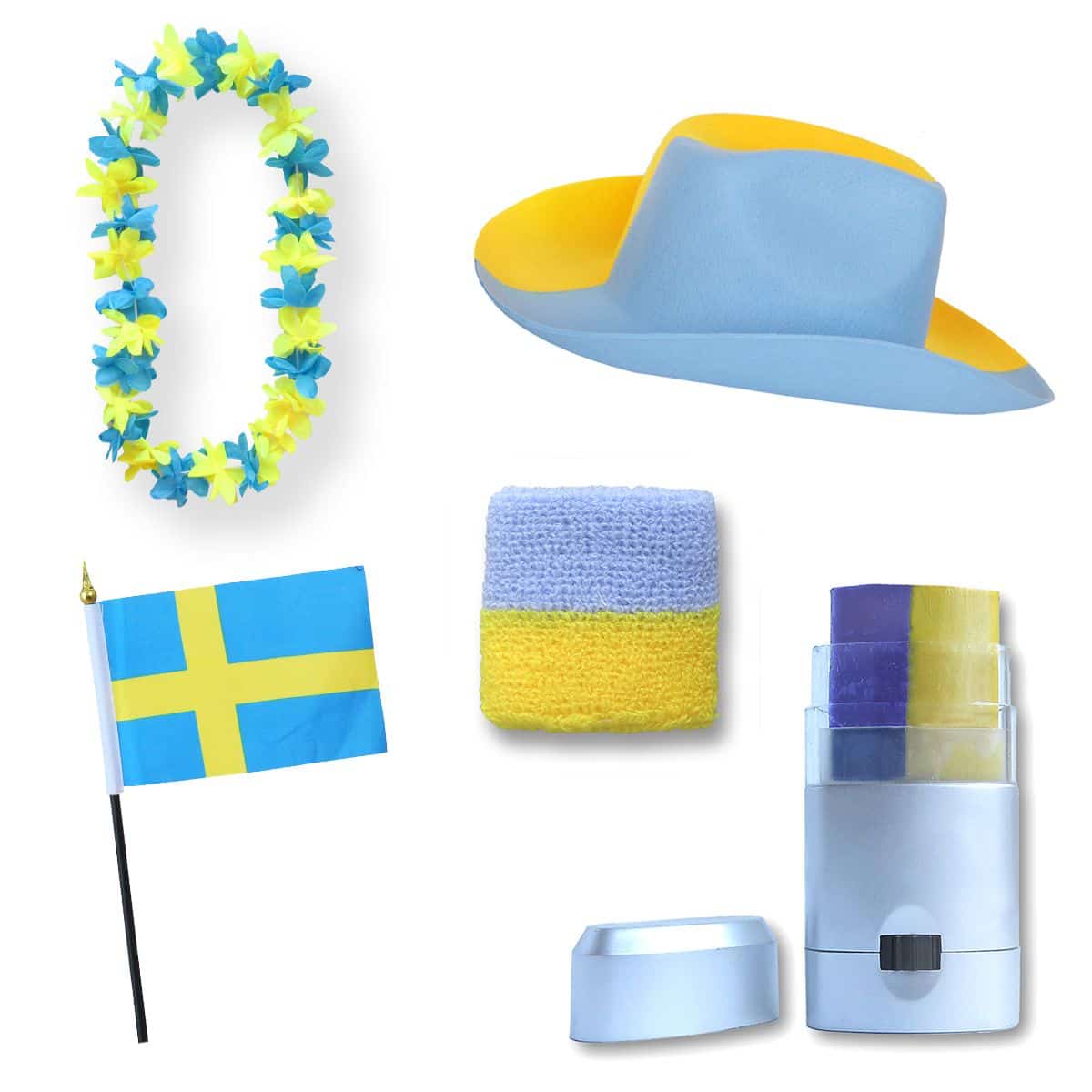 Fan-Paket EM "Schweden" Sweden Fußball Hut Kette Schminke Schweißband Flagge