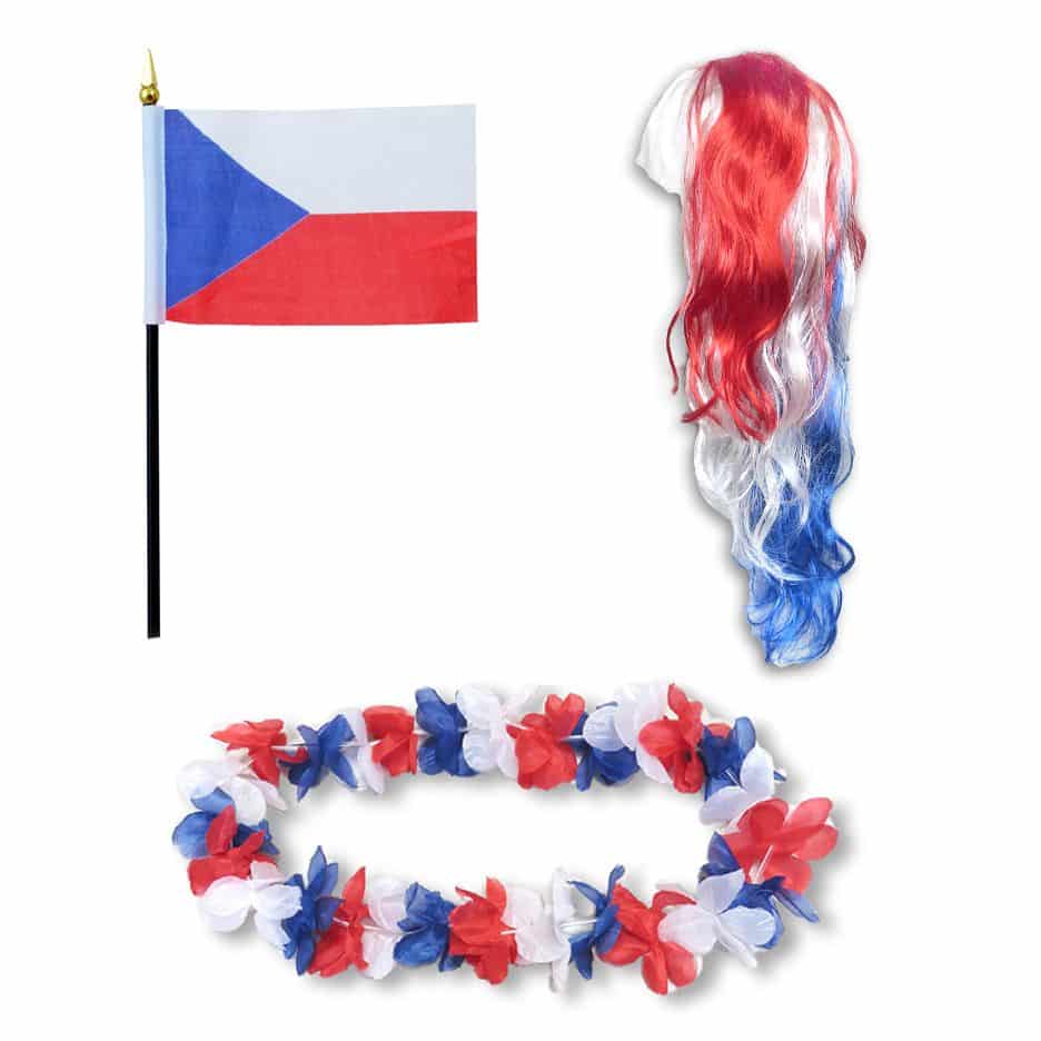 Fanset "Tschechien" Czech Republic Blumenkette Fahne Flagge Perücke Langhaar-Locken