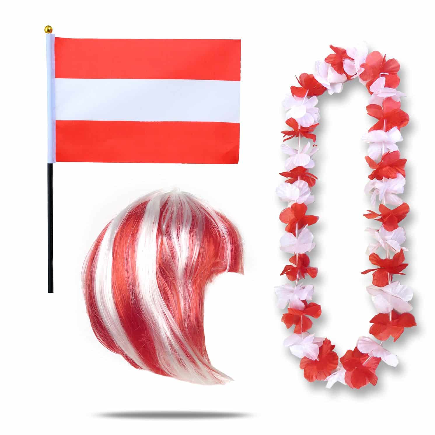 Fanset "Österreich" Austria Blumenkette Fahne Flagge Perücke Bob