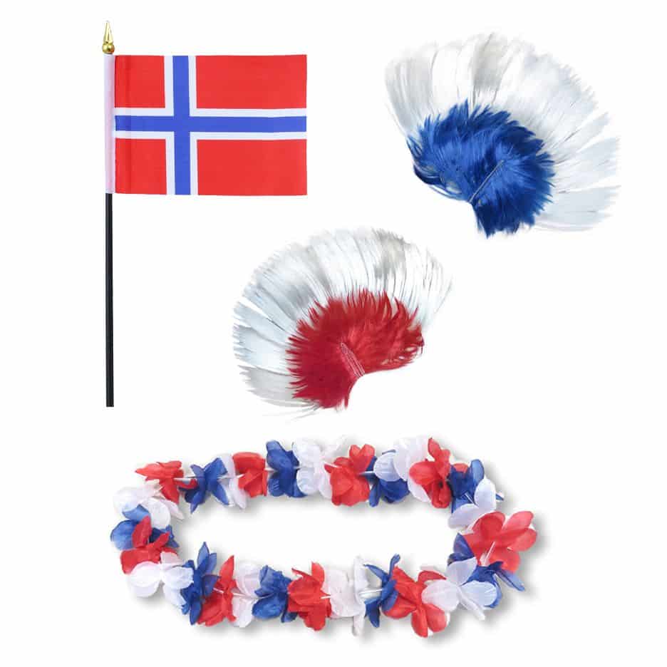 Fanset "Norwegen" Norway Blumenkette Fahne Flagge Perücke Irokese