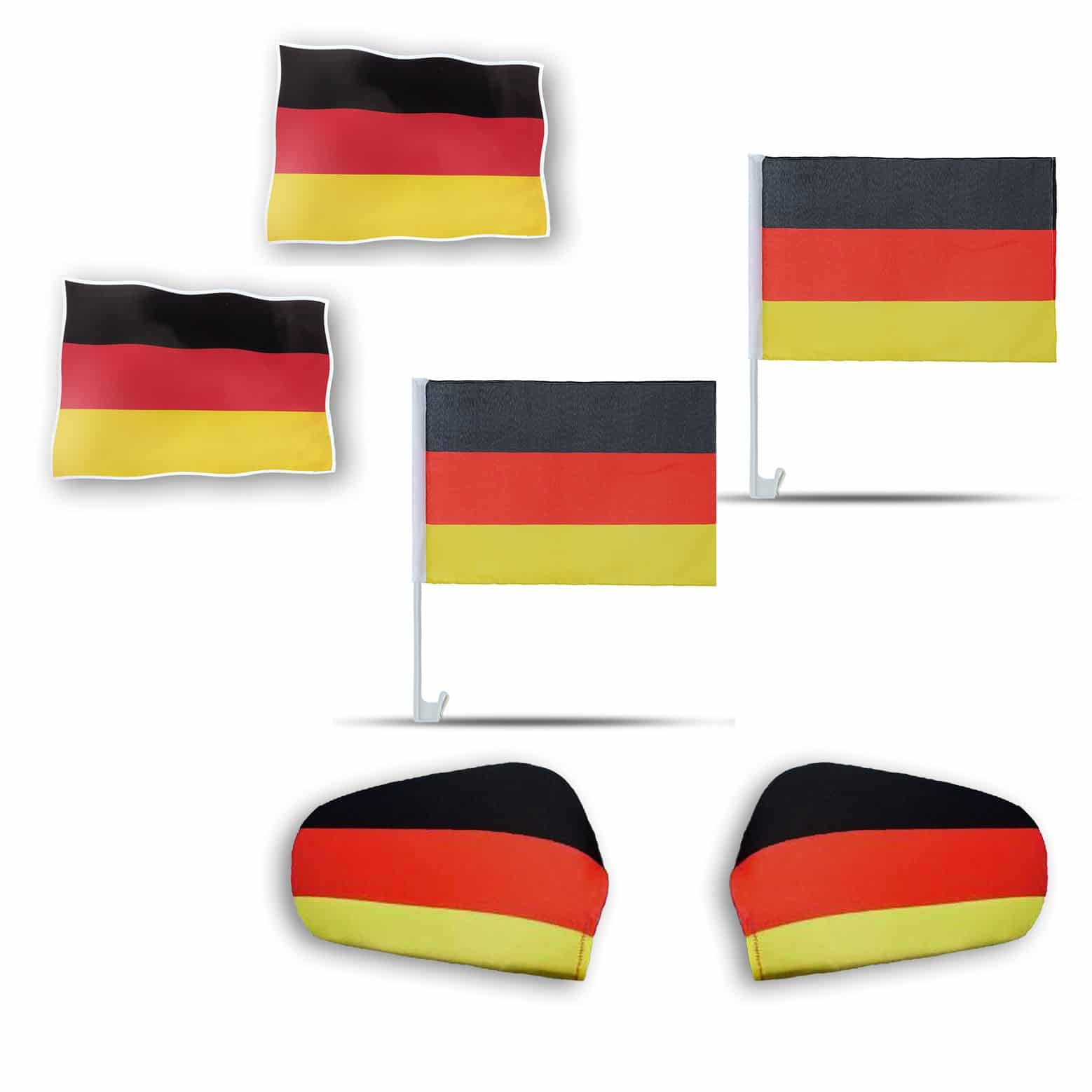 Auto Fanset Länderflagge 6-teilig – 2 Fensterfahnen, 2 Außenspiegel-Überzieher & 2 Auto Sticker
