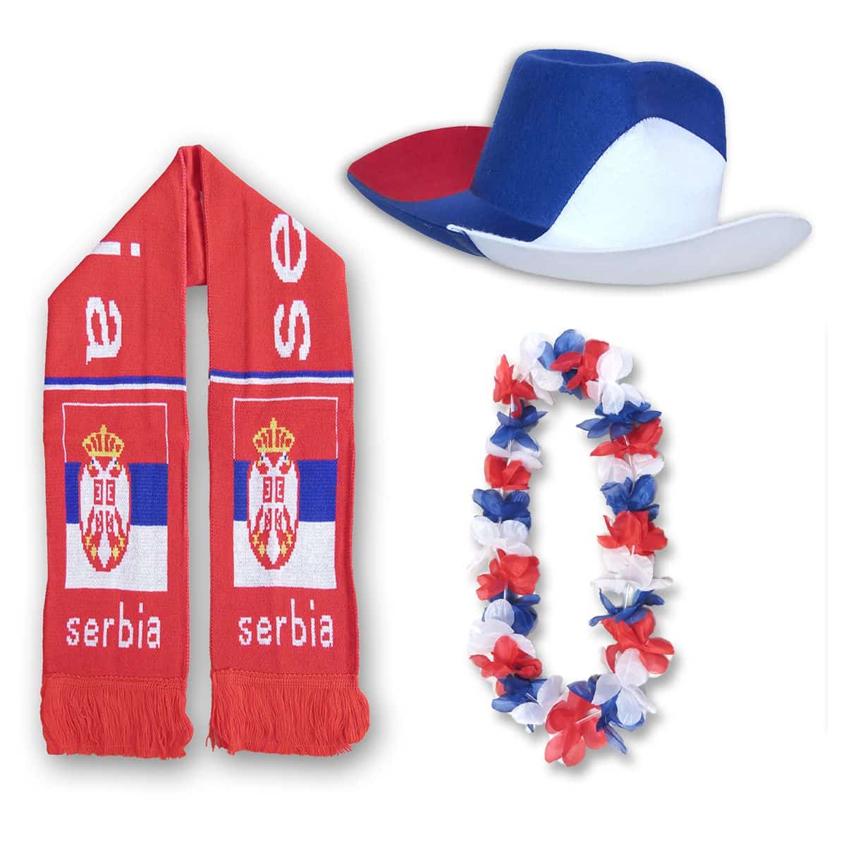 FAN PAKET EM "Serbien" Serbia Fußball Schal Blumenkette Cowboy-Hut