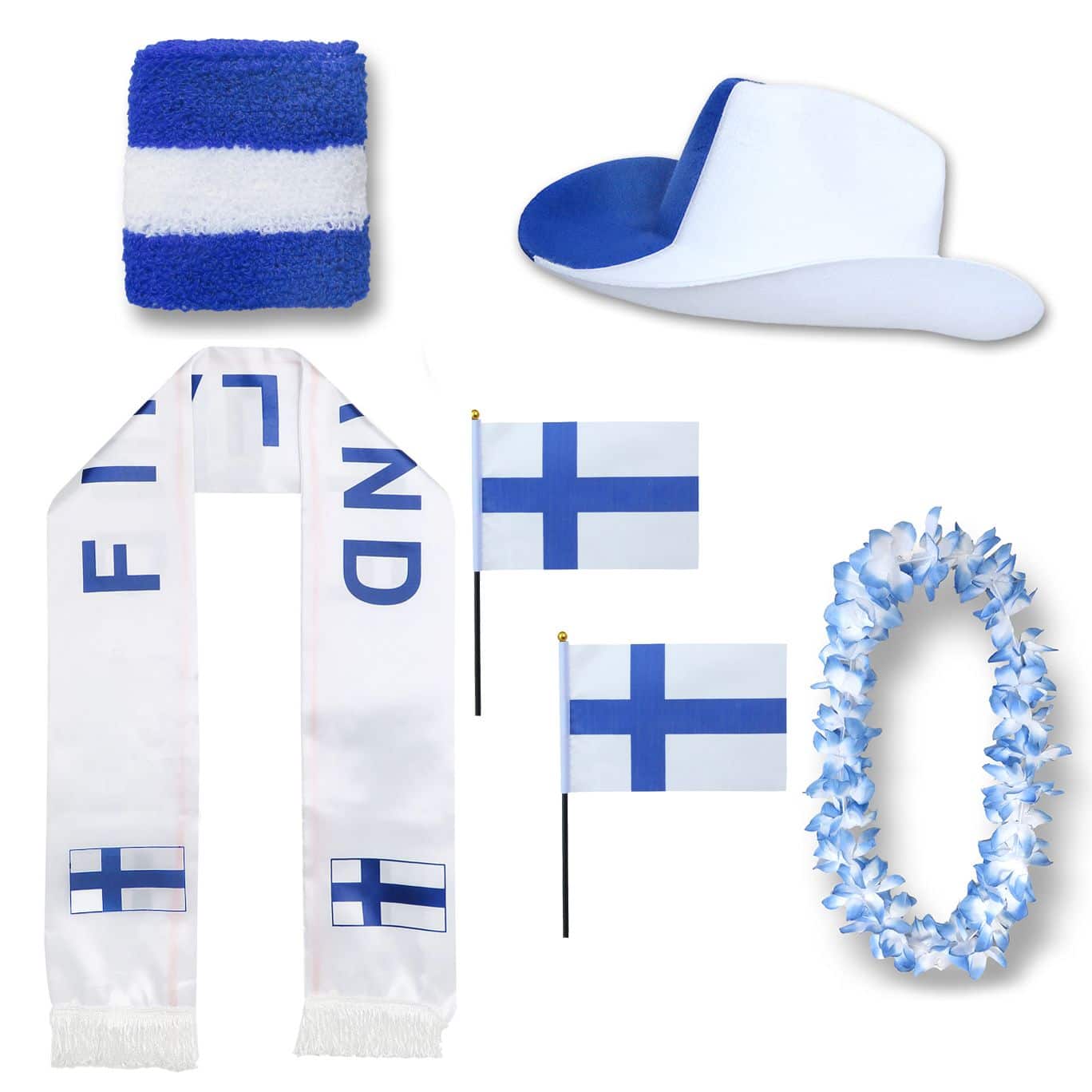 Fan-Paket "Finnland" WM EM Fußball Schal Hawaiikette Hut Schweissband Fahne Flagge