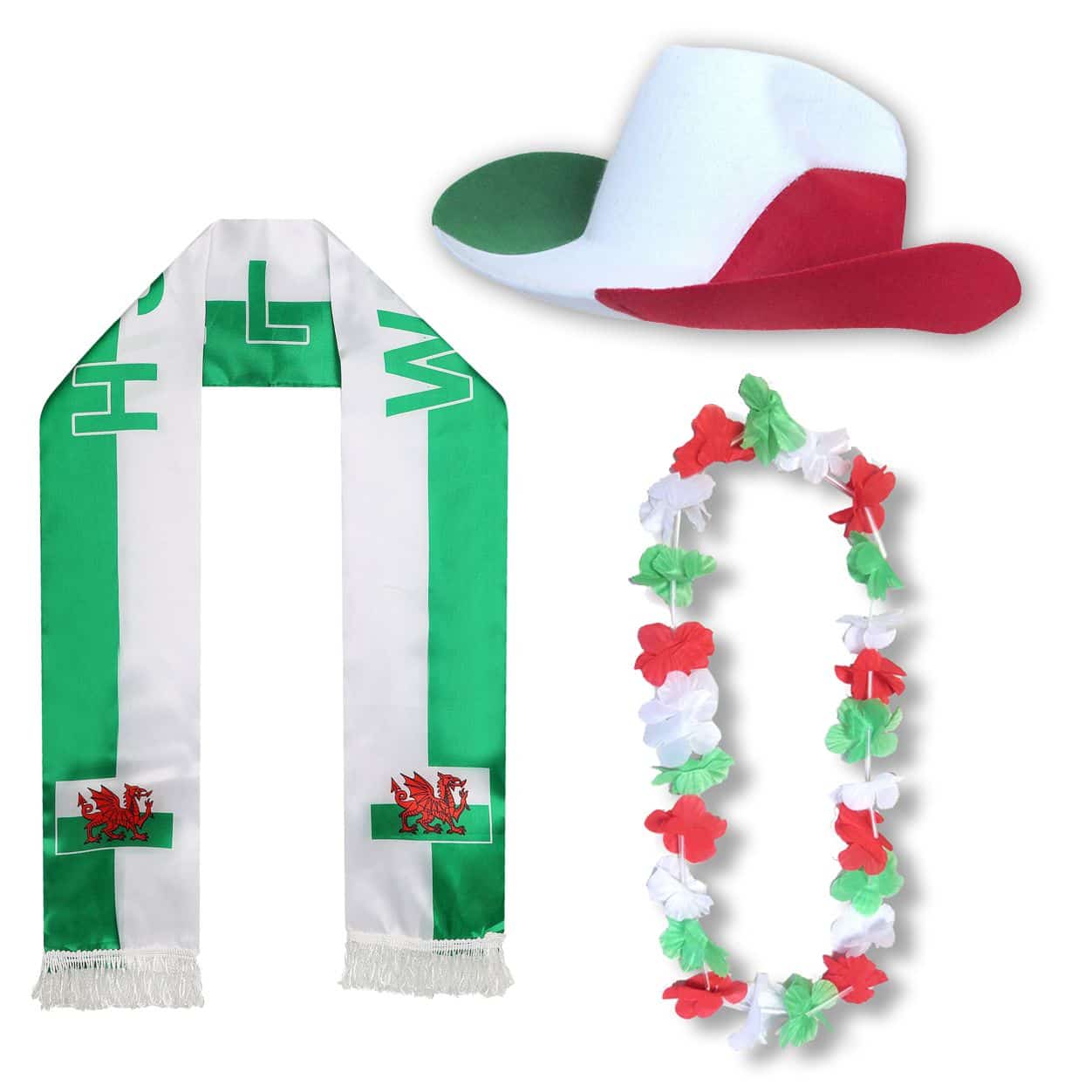 Fan-Paket "Wales" WM EM Fußball Schal Hawaiikette Hut Fanartikel