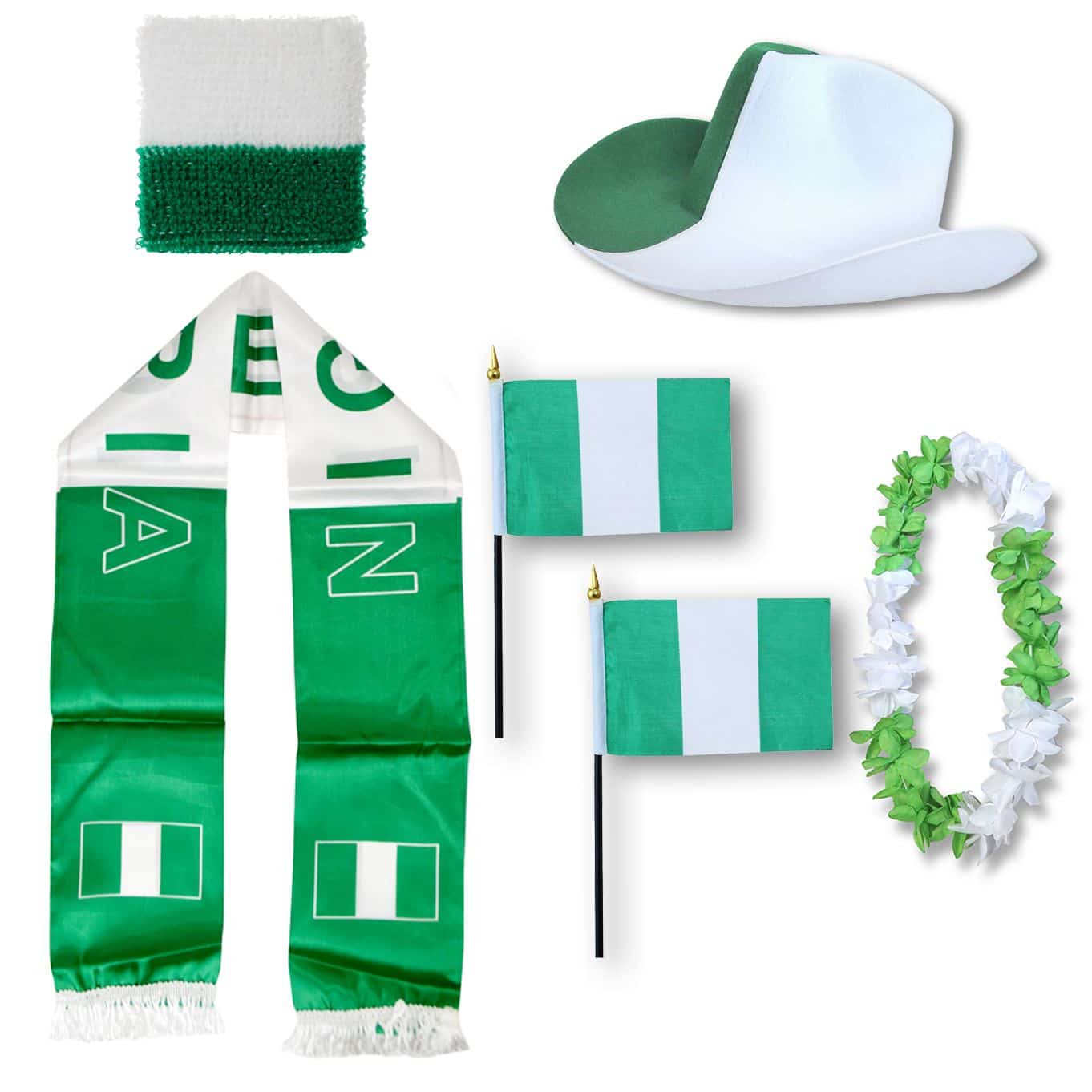 Fan-Paket "Nigerien" Nigeria WM EM Fußball Schal Hawaiikette Hut Schweissband Fahne Flagge