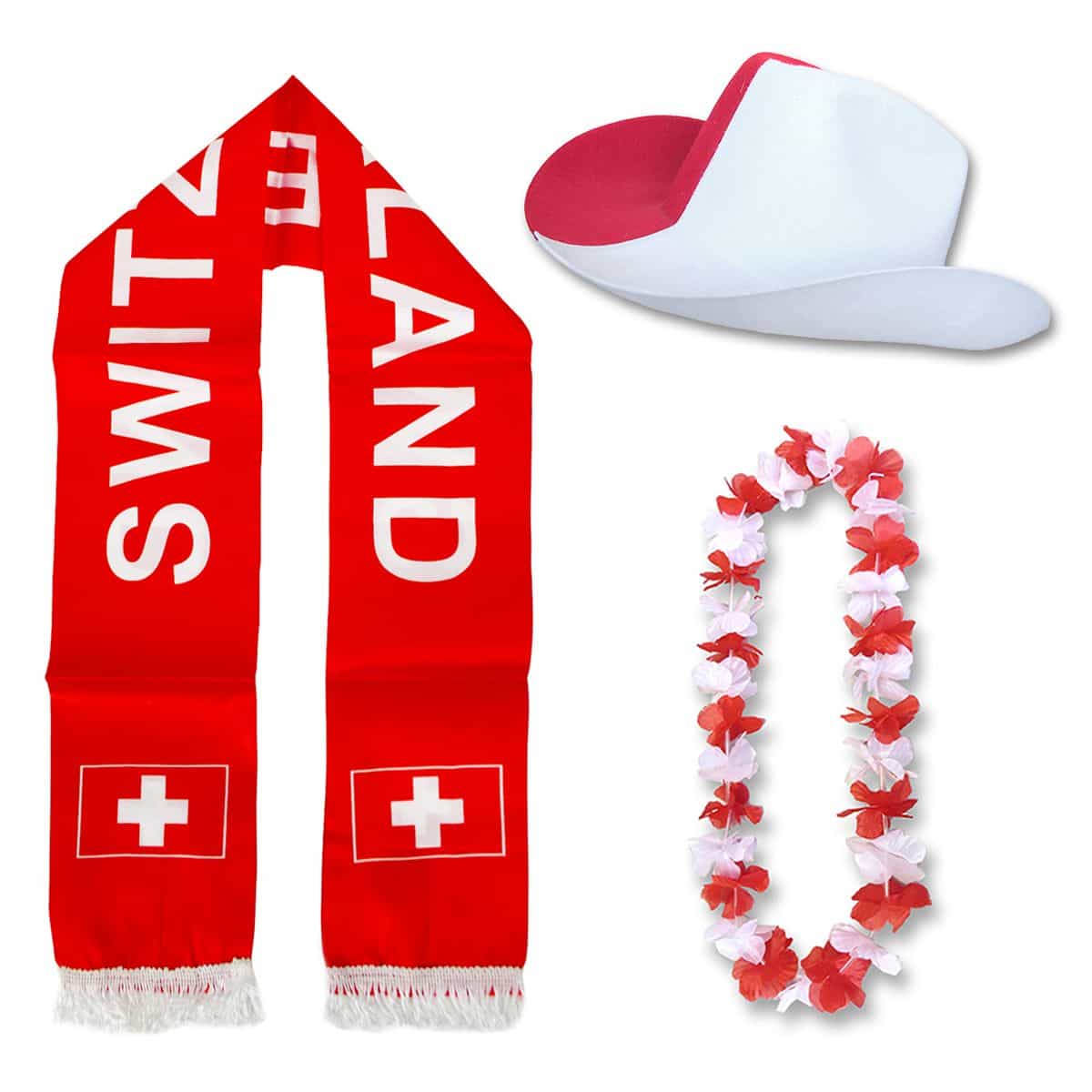 Fan-Paket "Schweiz" Switzerland WM EM Fußball Schal Hawaiikette Hut Fanartikel