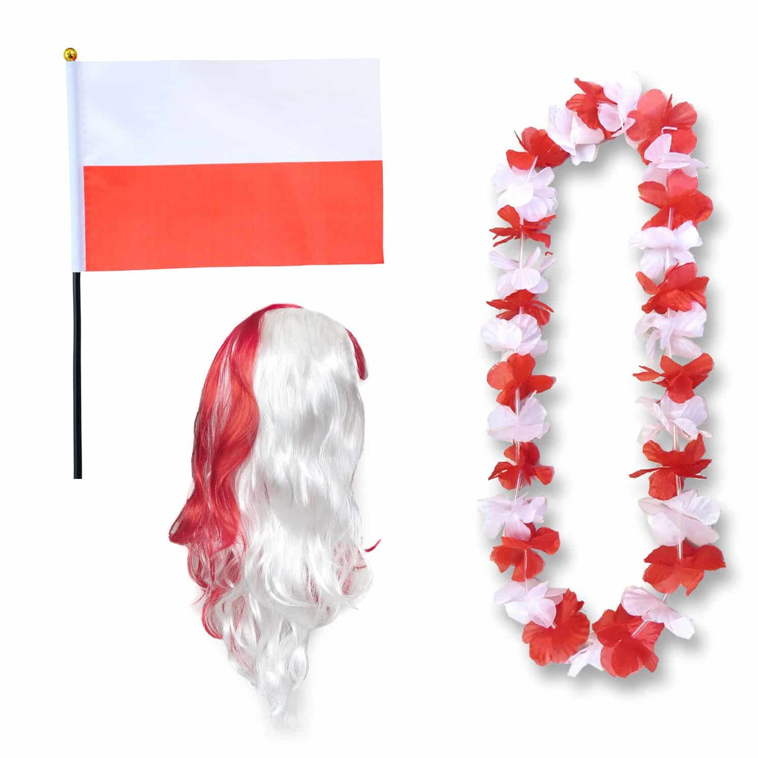 Fanset "Polen" Poland Polska Blumenkette Fahne Flagge Perücke Langhaar-Locken