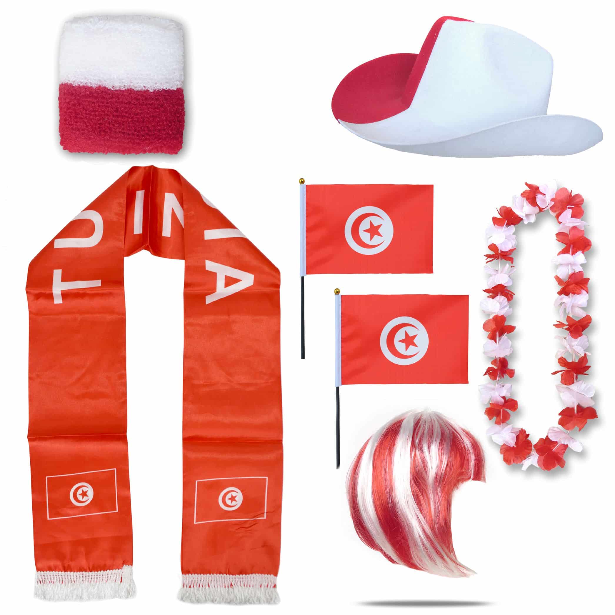 Fan-Paket "Tunesien" Tunisia WM EM Fußball Schal Hawaiikette Hut Schweissband Fahne Perücke