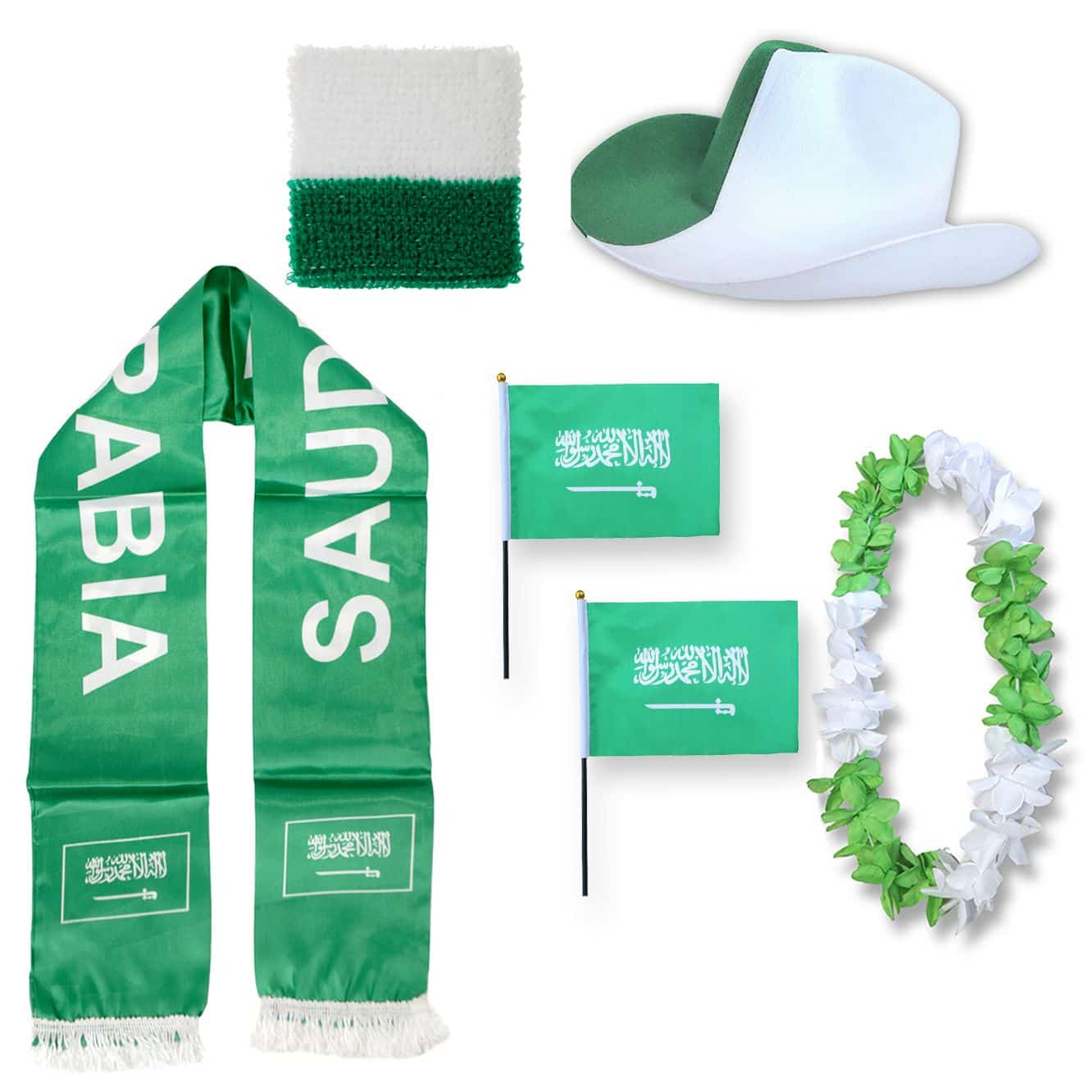 Fan-Paket "Saudi-Arabien" Saudi Arabia WM EM Fußball Schal Hawaiikette Hut Schweissband Fahne Flagge