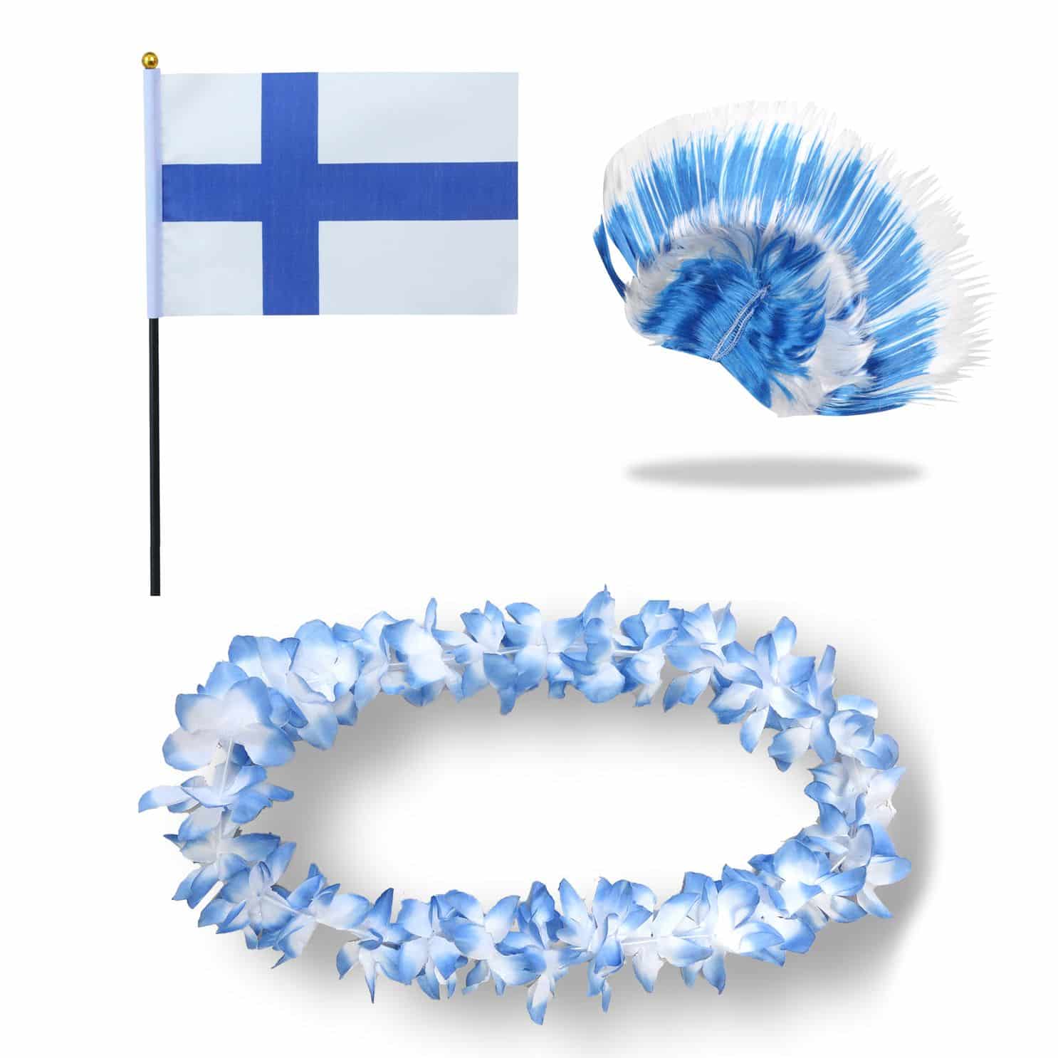 Fanset "Finnland" Blumenkette Fahne Flagge Perücke Irokese
