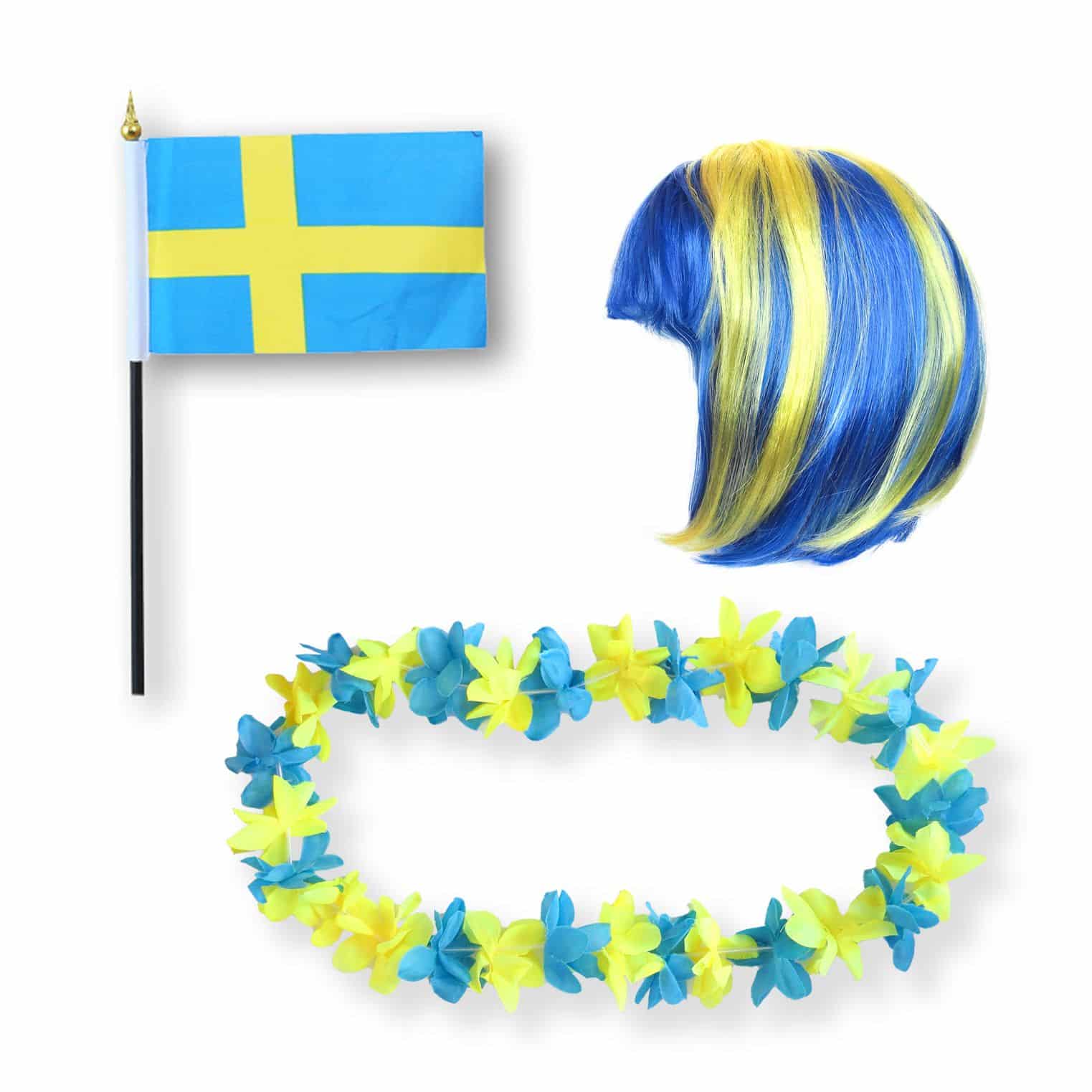 Fanset "Schweden" Sweden Blumenkette Fahne Flagge Perücke Bob