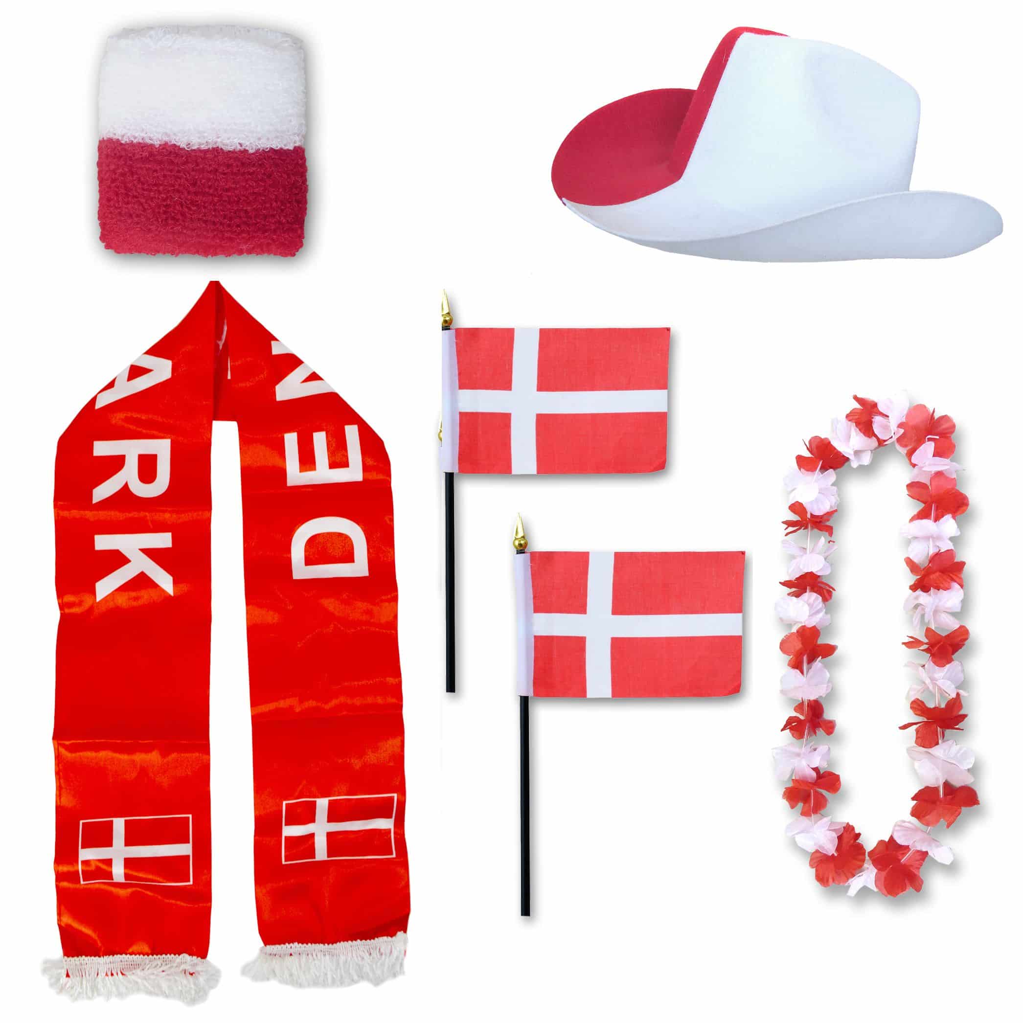 Fan-Paket "Dänemark" Denmark Dansk WM EM Fußball Schal Hawaiikette Hut Schweissband Fahne Flagge