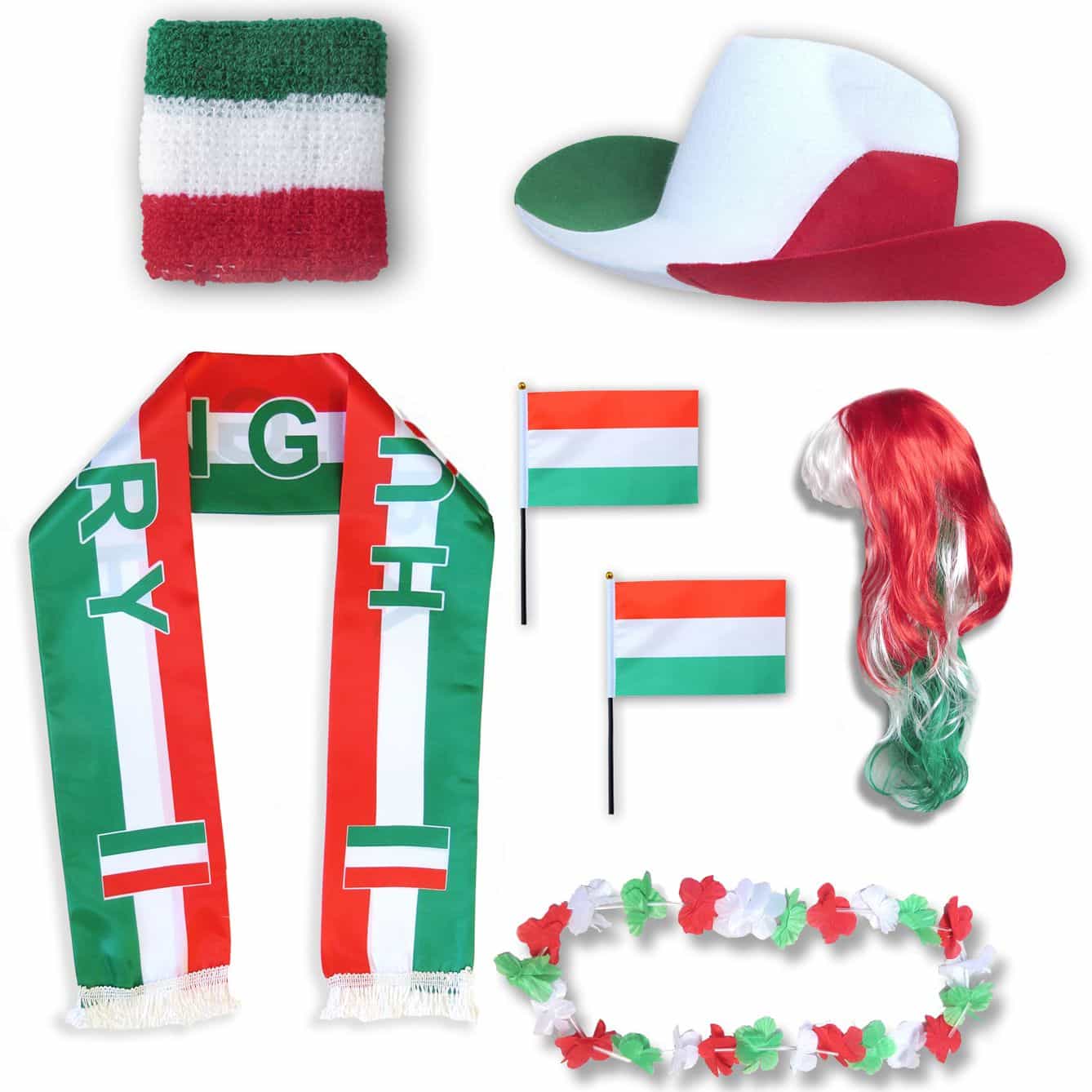 Fan-Paket "Ungarn" Hungary WM EM Fußball Schal Hawaiikette Hut Schweissband Fahne Perücke