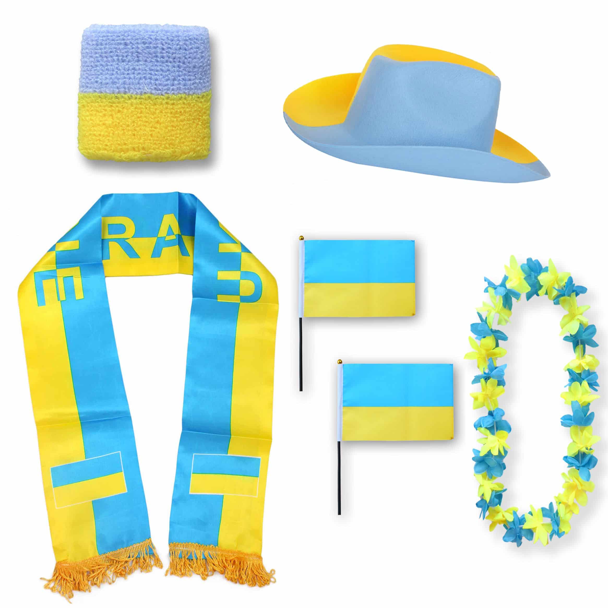 Fan-Paket "Ukraine" WM EM Fußball Schal Hawaiikette Hut Schweissband Fahne Flagge