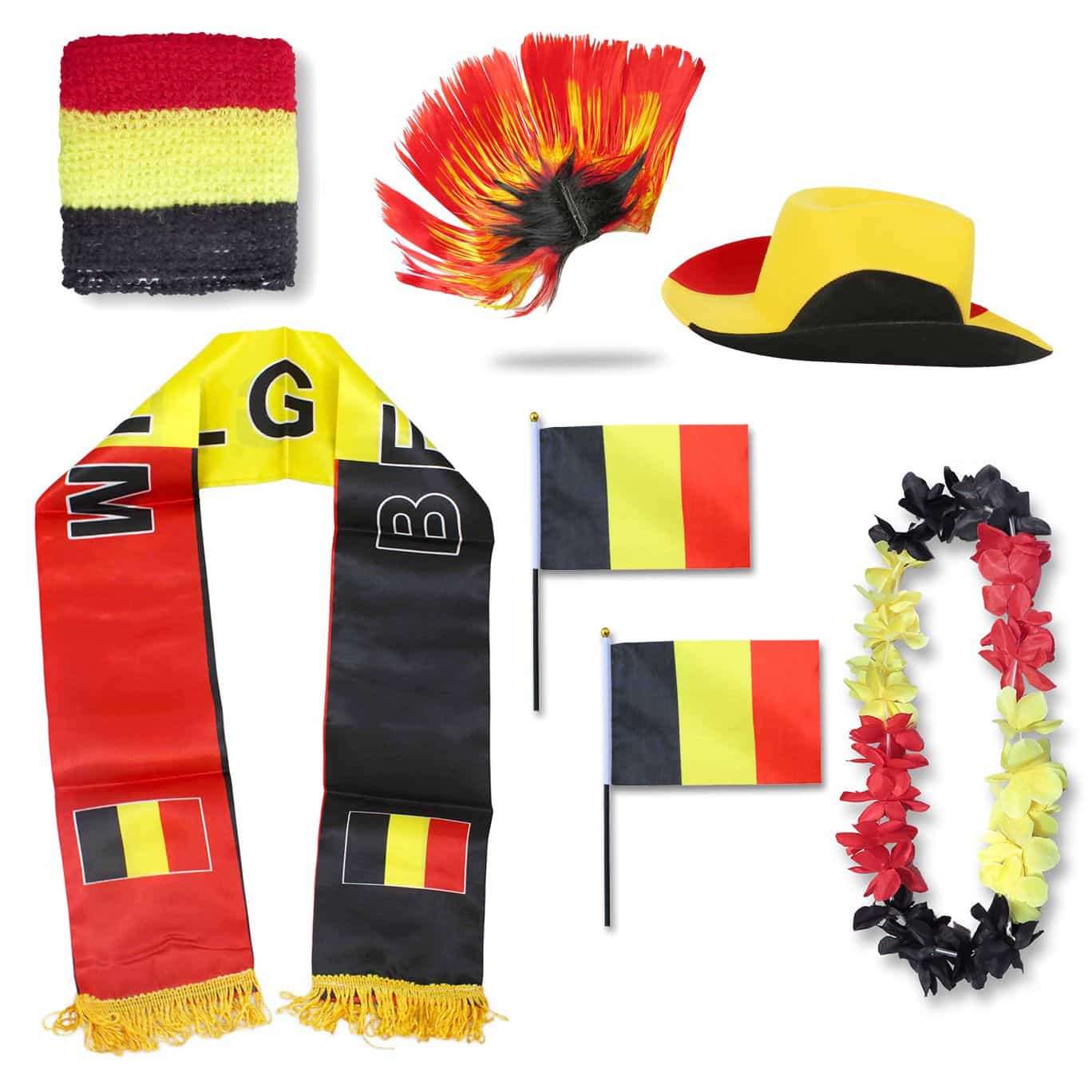Fan-Paket "Belgien" Belgium WM EM Fußball Schal Hawaiikette Hut Schweissband Fahne Perücke