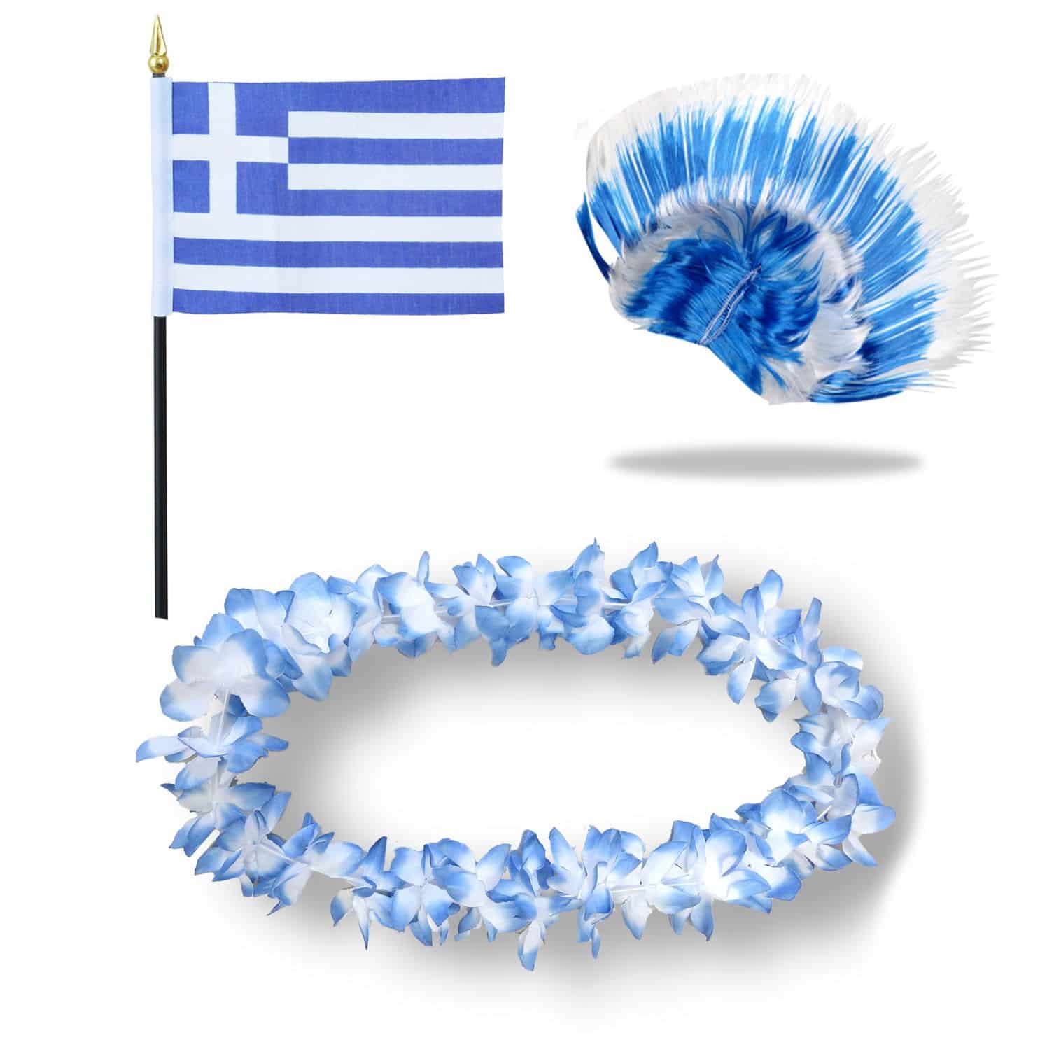 Fanset "Griechenland" Greece Blumenkette Fahne Flagge Perücke Irokese