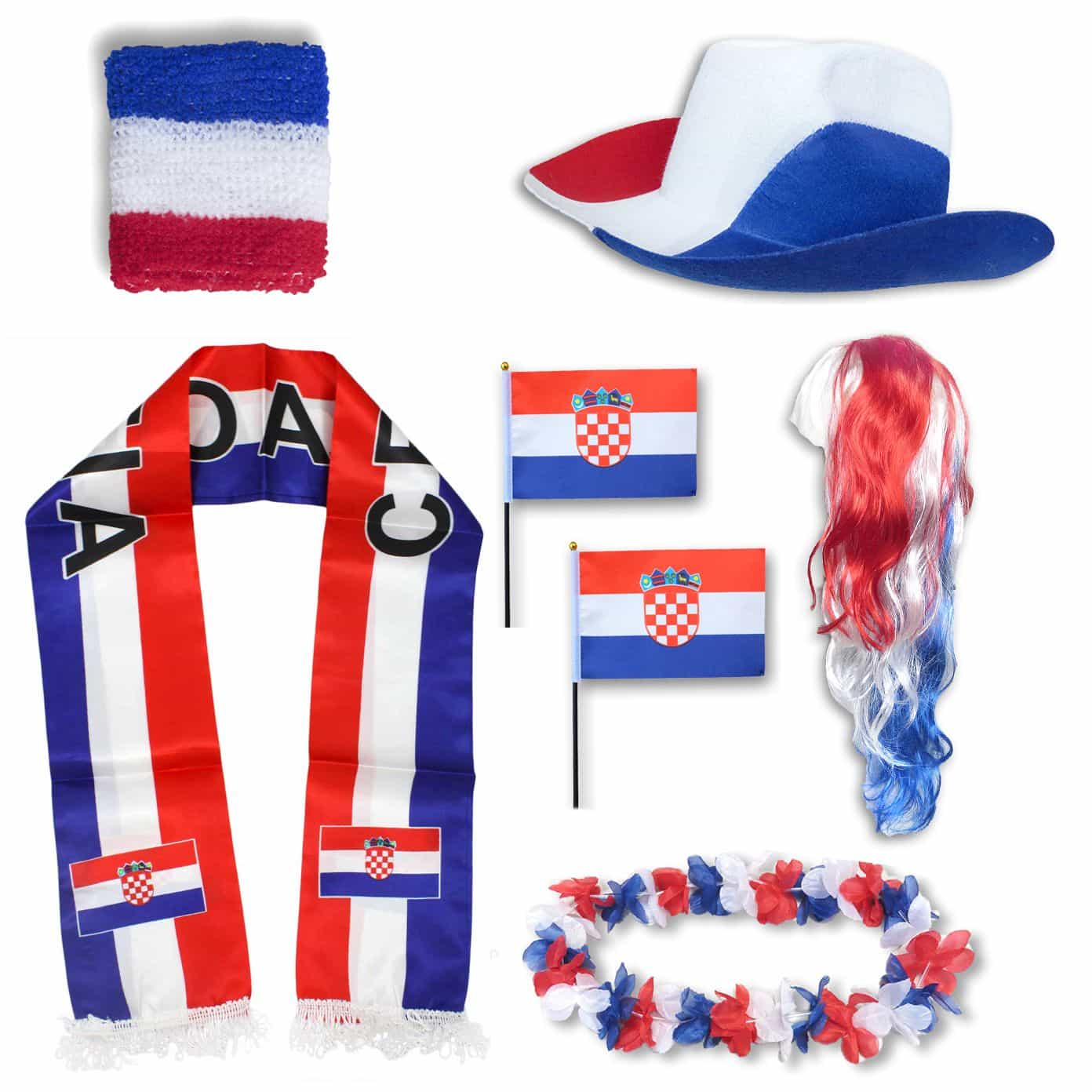 Fan-Paket "Kroatien" Croatia WM EM Fußball Schal Hawaiikette Hut Schweissband Fahne Perücke