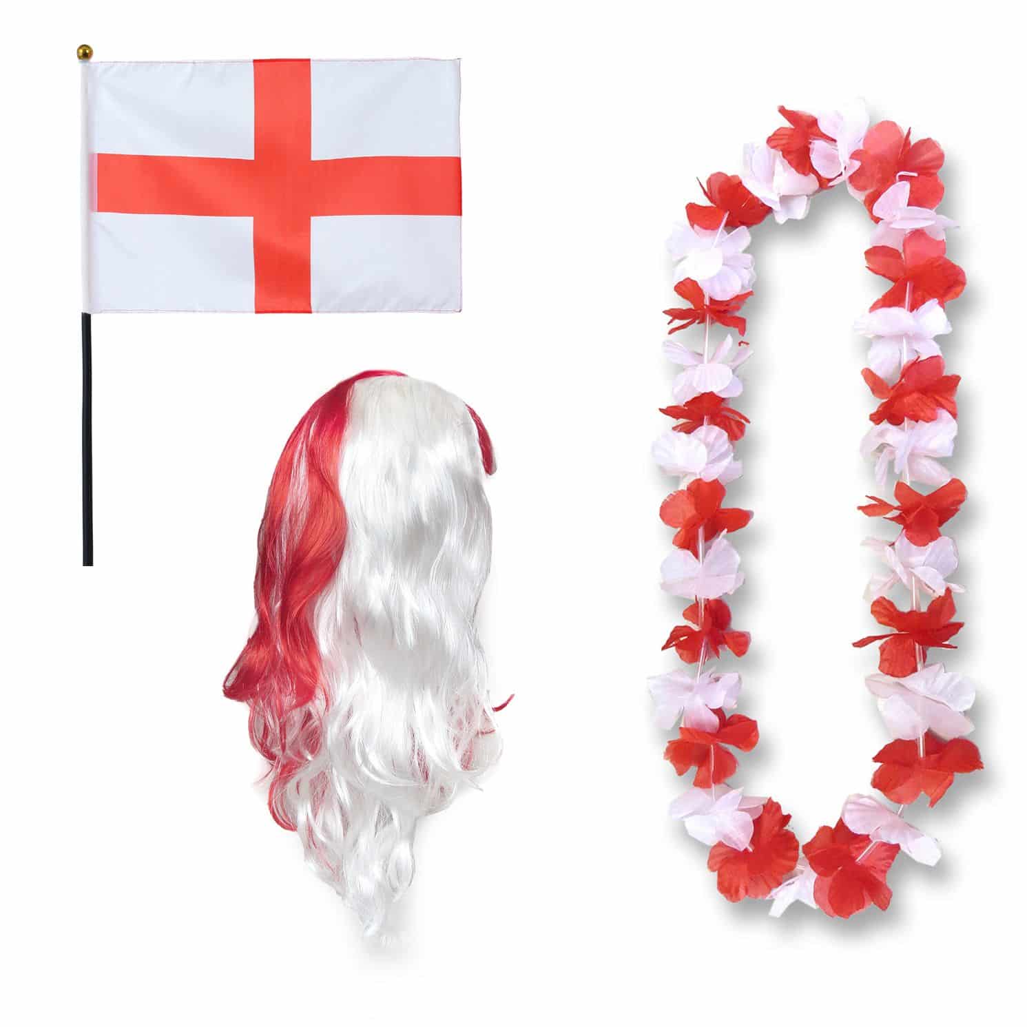 Fanset "England" Blumenkette Fahne Flagge Perücke Langhaar-Locken