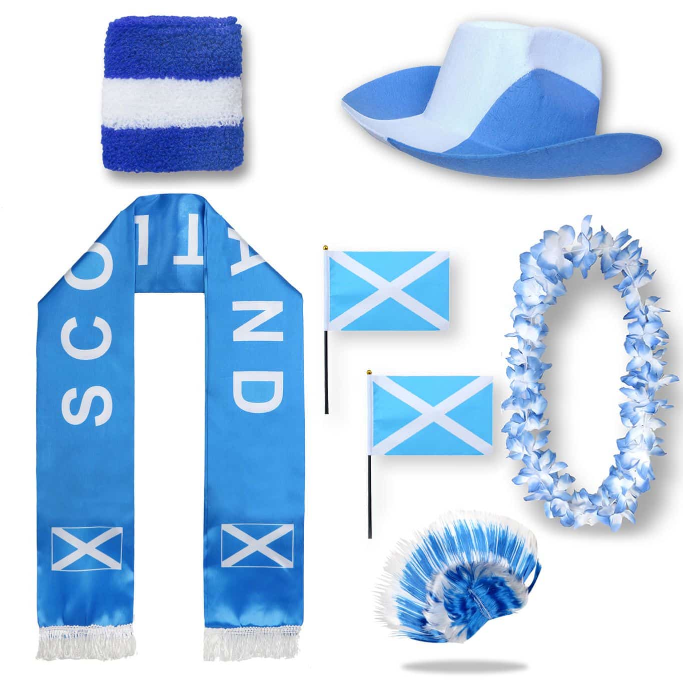Fan-Paket "Schottland" Scottland WM EM Fußball Schal Hawaiikette Hut Schweissband Fahne Perücke