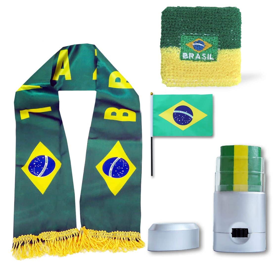 FAN PAKET EM "Brasilien" Brasil Brazil Fußball Schal Schminke Schweißband Mini Flagge