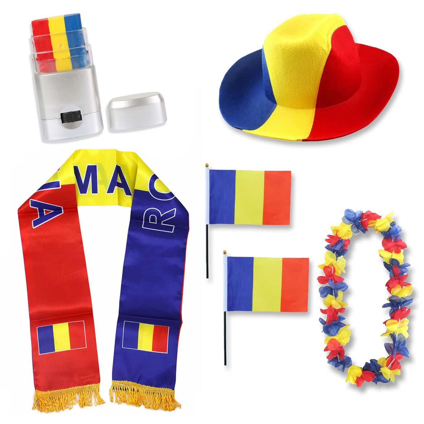 Fan-Paket "Rumänien" Romania WM EM Fußball Schal Hawaiikette Hut Fahne 2xFlagge