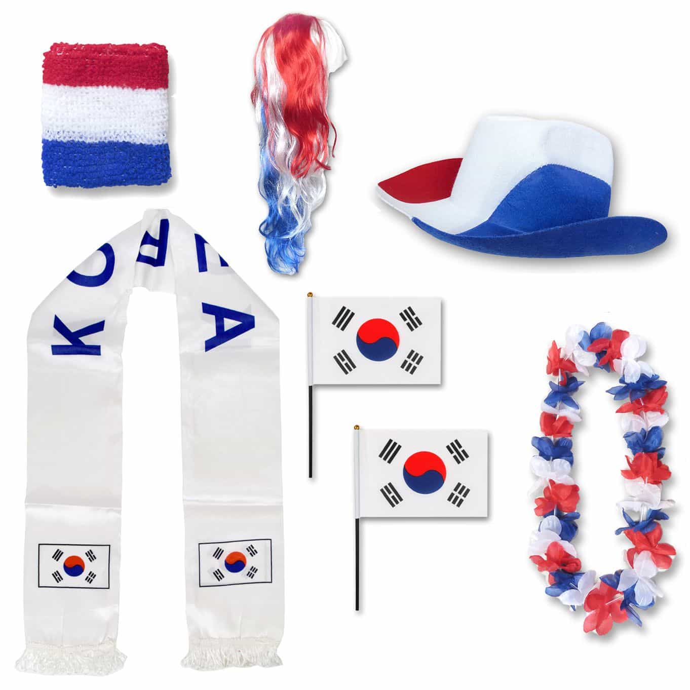 Fan-Paket "Südkorea" South Korea WM EM Fußball Schal Hawaiikette Hut Schweissband Fahne Perücke