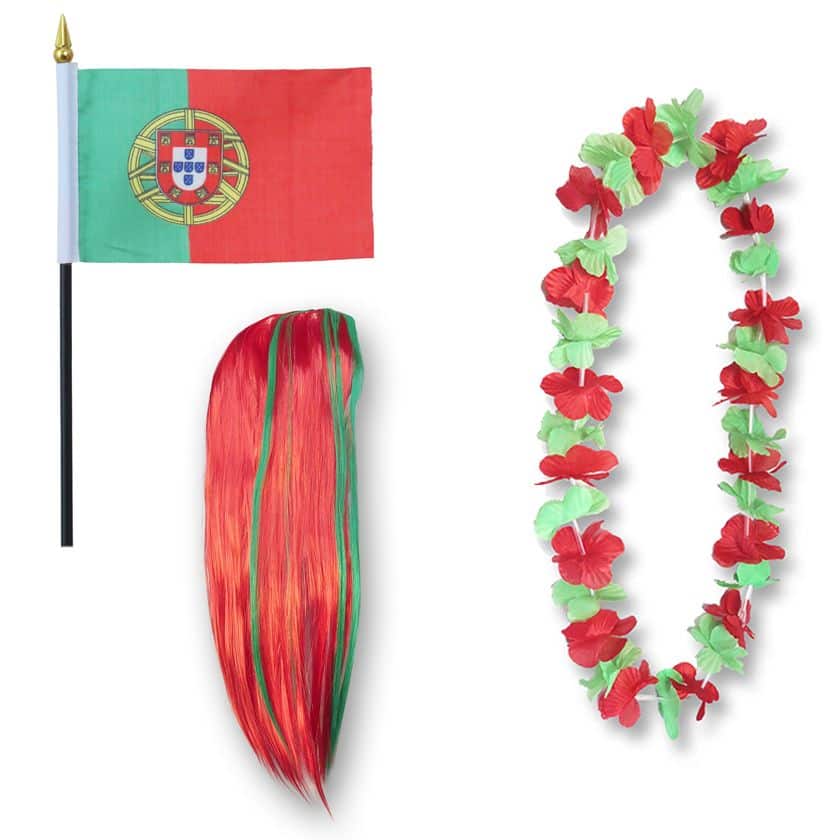 Fanset "Portugal" Blumenkette Fahne Flagge Perücke Langhaar