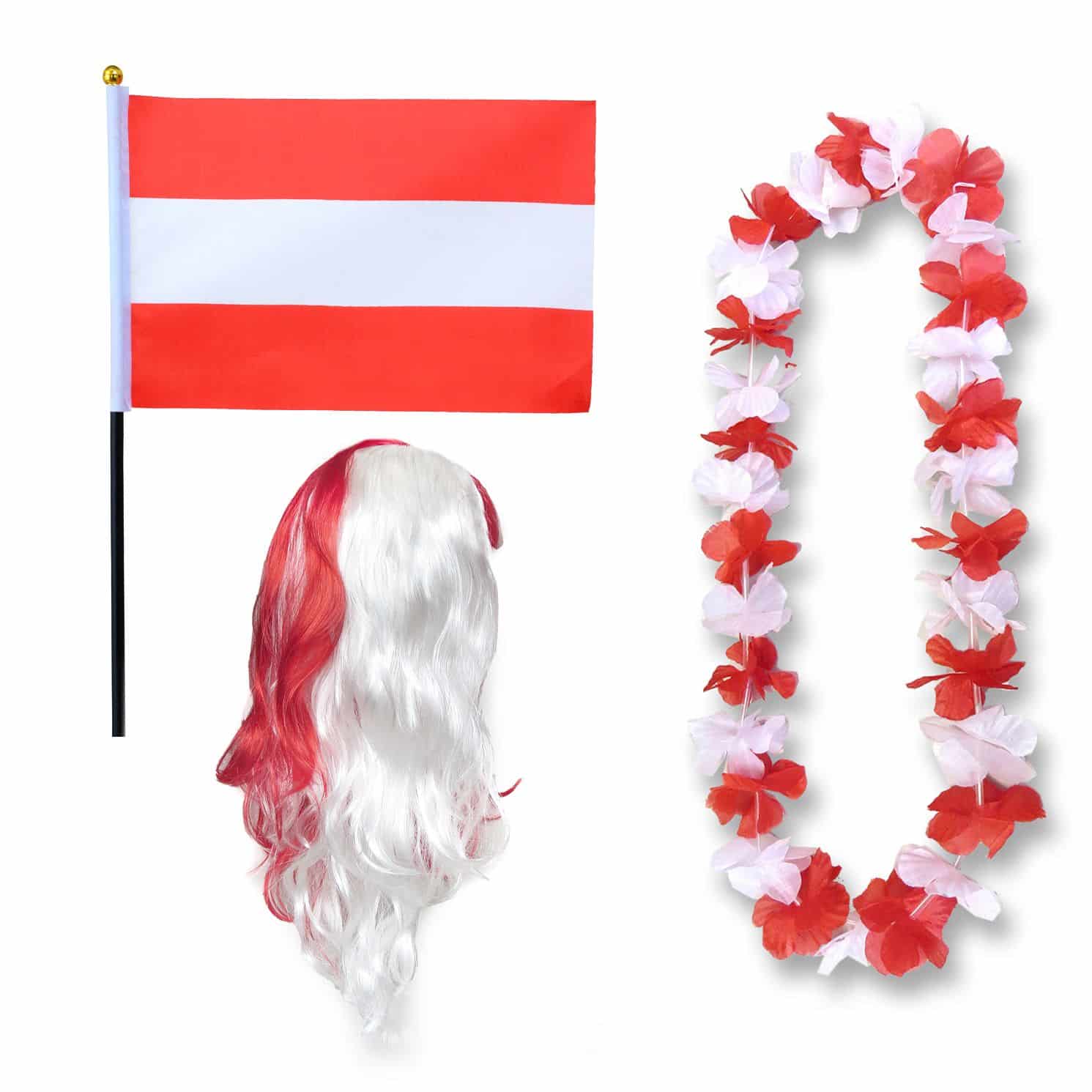Fanset "Österreich" Austria Blumenkette Fahne Flagge Perücke Langhaar-Locken