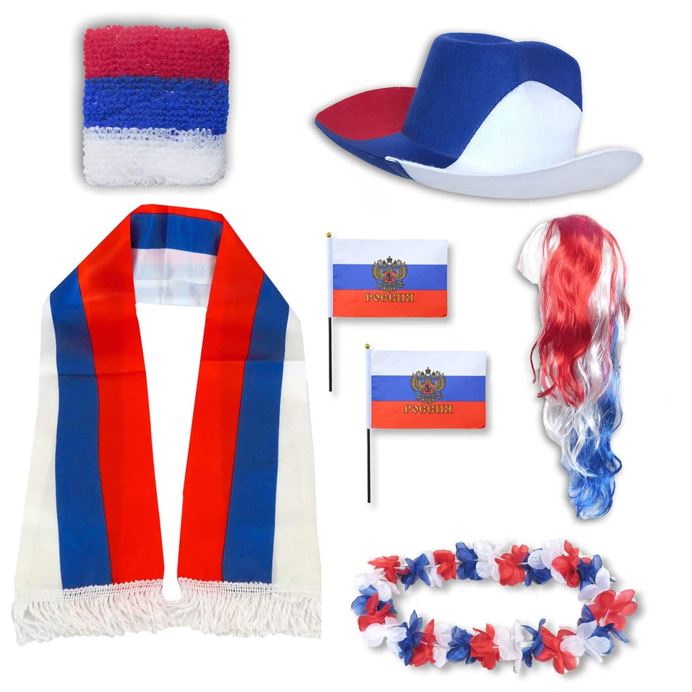Fan-Paket "Russland" Russia WM EM Fußball Schal Hawaiikette Hut Schweissband Fahne Perücke