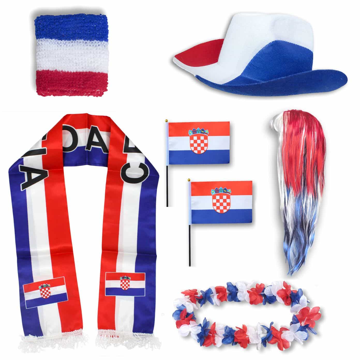 Fan-Paket "Kroatien" Croatia WM EM Fußball Schal Hawaiikette Hut Schweissband Fahne Perücke