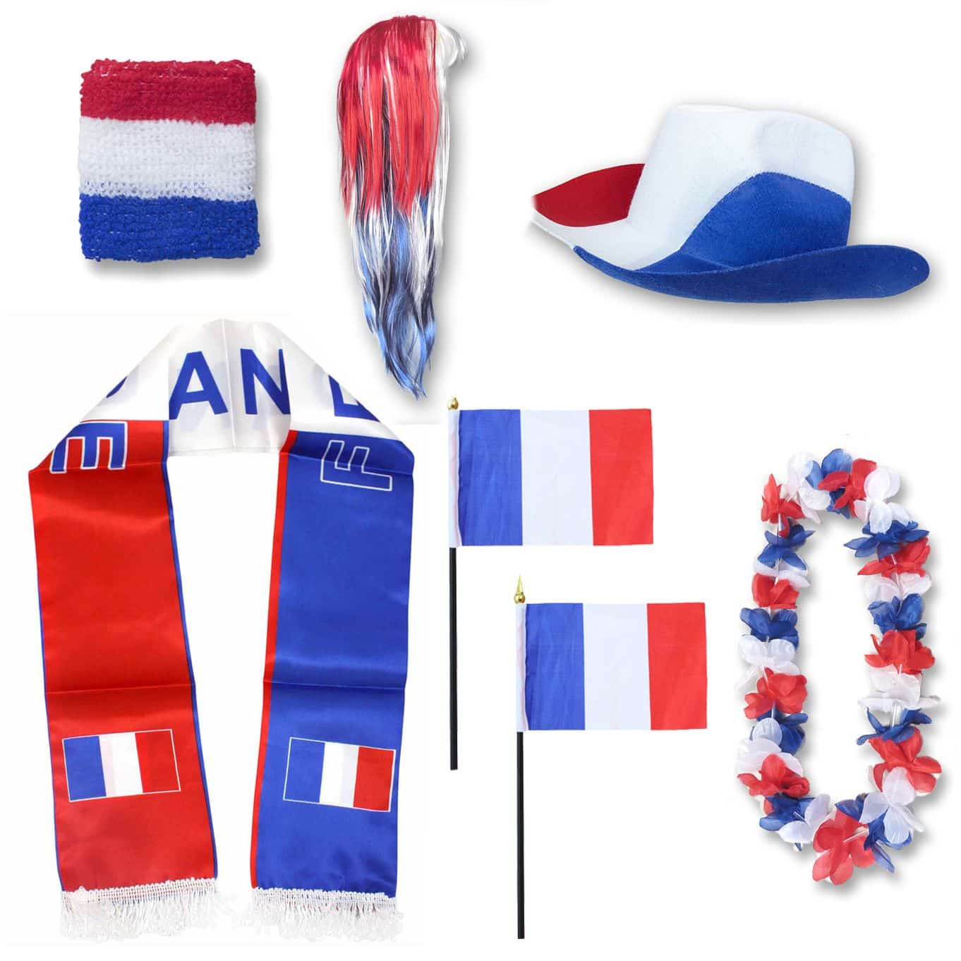 Fan-Paket "Frankreich" France WM EM Fußball Schal Hawaiikette Hut Schweissband Fahne Perücke